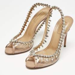 Pre Owned Aquazzura Beige Leather and PVC Temptation Slingback Sandals Size 37