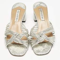 Aquazzura Metallic Silver Leather Club Twist Slide Sandals Size 36