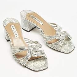 Aquazzura Metallic Silver Leather Club Twist Slide Sandals Size 36