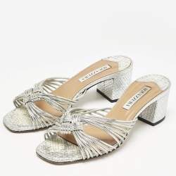 Aquazzura Metallic Silver Leather Club Twist Slide Sandals Size 36