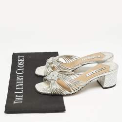 Aquazzura Metallic Silver Leather Club Twist Slide Sandals Size 36