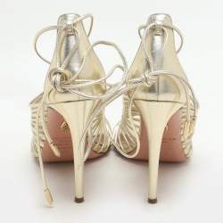 Pre Owned Aquazzura Gold Leather Nadja Strappy Ankle Wrap Sandals Size 36.5