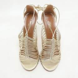 Pre Owned Aquazzura Gold Leather Nadja Strappy Ankle Wrap Sandals Size 36.5