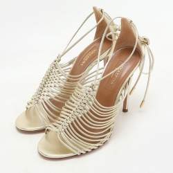 Pre Owned Aquazzura Gold Leather Nadja Strappy Ankle Wrap Sandals Size 36.5