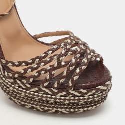 Pre Owned Aquazzura Brown/Light Gold Braided Leather Cozumel Platform Sandals Size 36.5