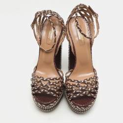 Pre Owned Aquazzura Brown/Light Gold Braided Leather Cozumel Platform Sandals Size 36.5