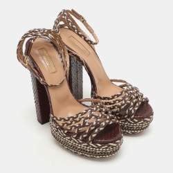 Pre Owned Aquazzura Brown/Light Gold Braided Leather Cozumel Platform Sandals Size 36.5