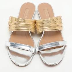 Aquazzura Silver/Gold Leather Rendez Vous Flat Slides Size 37