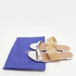 Aquazzura Silver/Gold Leather Rendez Vous Flat Slides Size 37