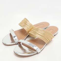 Aquazzura Silver/Gold Leather Rendez Vous Flat Slides Size 37