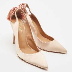Pre Owned Aquazzura Beige Satin Forever Marilyn Cut Out Tassel Detail Pumps Size 39