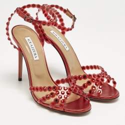 Aquazzura Red PVC Crystal Embellished Tequila Sandals Size 39.5