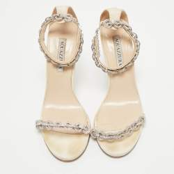Pre Owned Aquazzura Beige Grosgrain Embellished Love Link Sandals Size 37.5