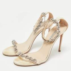 Pre Owned Aquazzura Beige Grosgrain Embellished Love Link Sandals Size 37.5