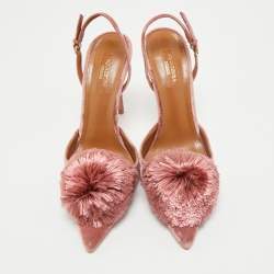 Pre Owned Aquazzura Rose Pink Velvet Powder Puff Pom Pom Slingback Pumps Size 40.5