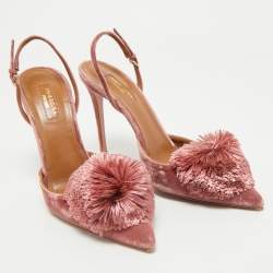 Pre Owned Aquazzura Rose Pink Velvet Powder Puff Pom Pom Slingback Pumps Size 40.5