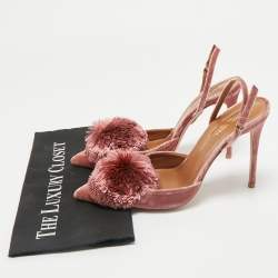 Pre Owned Aquazzura Rose Pink Velvet Powder Puff Pom Pom Slingback Pumps Size 40.5