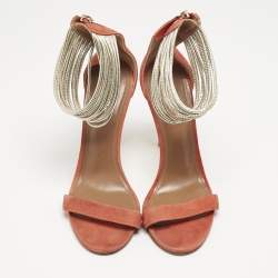 Aquazzura Orange/Gold Leather and Suede Ankle Strap Sandals Size 37