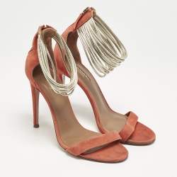 Aquazzura Orange/Gold Leather and Suede Ankle Strap Sandals Size 37