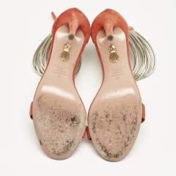 Aquazzura Orange/Gold Leather and Suede Ankle Strap Sandals Size 37
