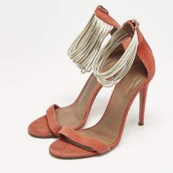 Aquazzura Orange/Gold Leather and Suede Ankle Strap Sandals Size 37