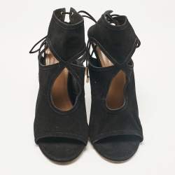 Pre Owned Aquazzura Black Cutout Suede Sexy Thing Peep Toe Sandals Size 37.5