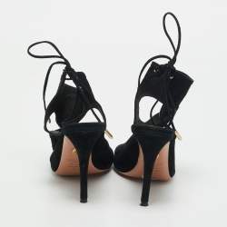 Pre Owned Aquazzura Black Cutout Suede Sexy Thing Peep Toe Sandals Size 37.5