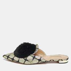 Aquazzura Black/Gold Floral Lurex Fabric Powder Puff Pom Pom Flat Mules Size 39