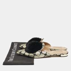 Aquazzura Black/Gold Floral Lurex Fabric Powder Puff Pom Pom Flat Mules Size 39