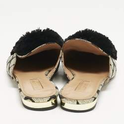 Aquazzura Black/Gold Floral Lurex Fabric Powder Puff Pom Pom Flat Mules Size 39