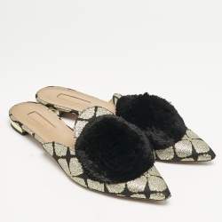Aquazzura Black/Gold Floral Lurex Fabric Powder Puff Pom Pom Flat Mules Size 39