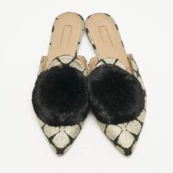 Aquazzura Black/Gold Floral Lurex Fabric Powder Puff Pom Pom Flat Mules Size 39