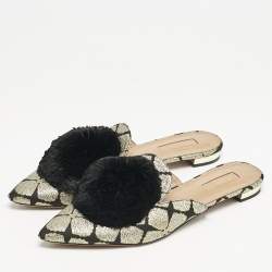 Aquazzura Black/Gold Floral Lurex Fabric Powder Puff Pom Pom Flat Mules Size 39