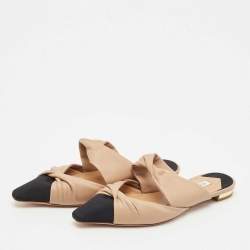 Aquazzura Beige/Black Leather and Fabric Twist Cap Toe Mules Size 35