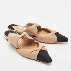 Aquazzura Beige/Black Leather and Fabric Twist Cap Toe Mules Size 35