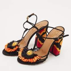 Aquazzura Multicolor Suede  And Raffia Samba Ankle Strap Sandals Size 35