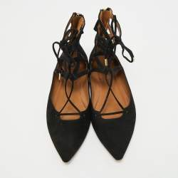Aquazzura Black Suede Dancer Lace-Up Ballet Flats Size 38