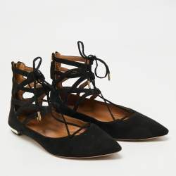 Aquazzura Black Suede Dancer Lace-Up Ballet Flats Size 38