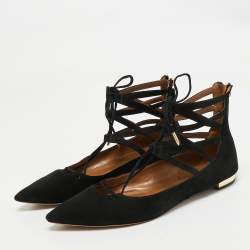 Aquazzura Black Suede Dancer Lace-Up Ballet Flats Size 38