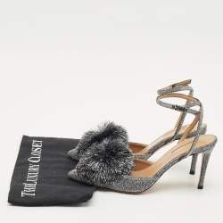 Aquazzura Silver Metallic Lurex Fabric Powder Puff Ankle Strap Sandals Size 38