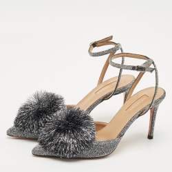 Aquazzura Silver Metallic Lurex Fabric Powder Puff Ankle Strap Sandals Size 38