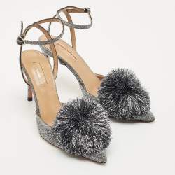 Aquazzura Silver Metallic Lurex Fabric Powder Puff Ankle Strap Sandals Size 38