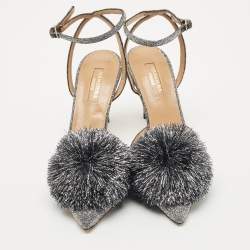 Aquazzura Silver Metallic Lurex Fabric Powder Puff Ankle Strap Sandals Size 38