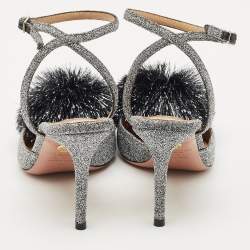 Aquazzura Silver Metallic Lurex Fabric Powder Puff Ankle Strap Sandals Size 38