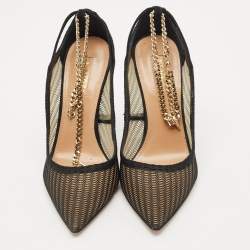 Pre Owned Aquazzura Black Mesh And Suede Bond Street Ankle Chain Pointed Toe Pumps Size 38