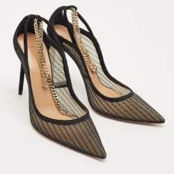 Pre Owned Aquazzura Black Mesh And Suede Bond Street Ankle Chain Pointed Toe Pumps Size 38