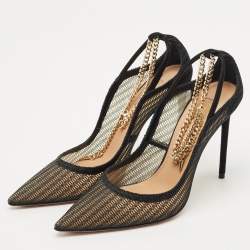 Pre Owned Aquazzura Black Mesh And Suede Bond Street Ankle Chain Pointed Toe Pumps Size 38