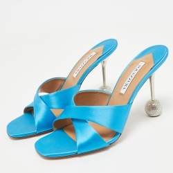 Pre Owned Aquazzura Blue Satin Darling Slide Sandals Size 41