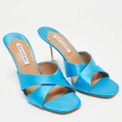 Pre Owned Aquazzura Blue Satin Darling Slide Sandals Size 41