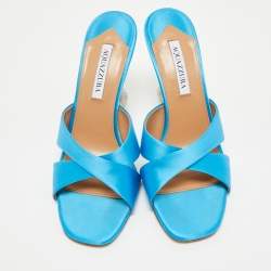 Pre Owned Aquazzura Blue Satin Darling Slide Sandals Size 41